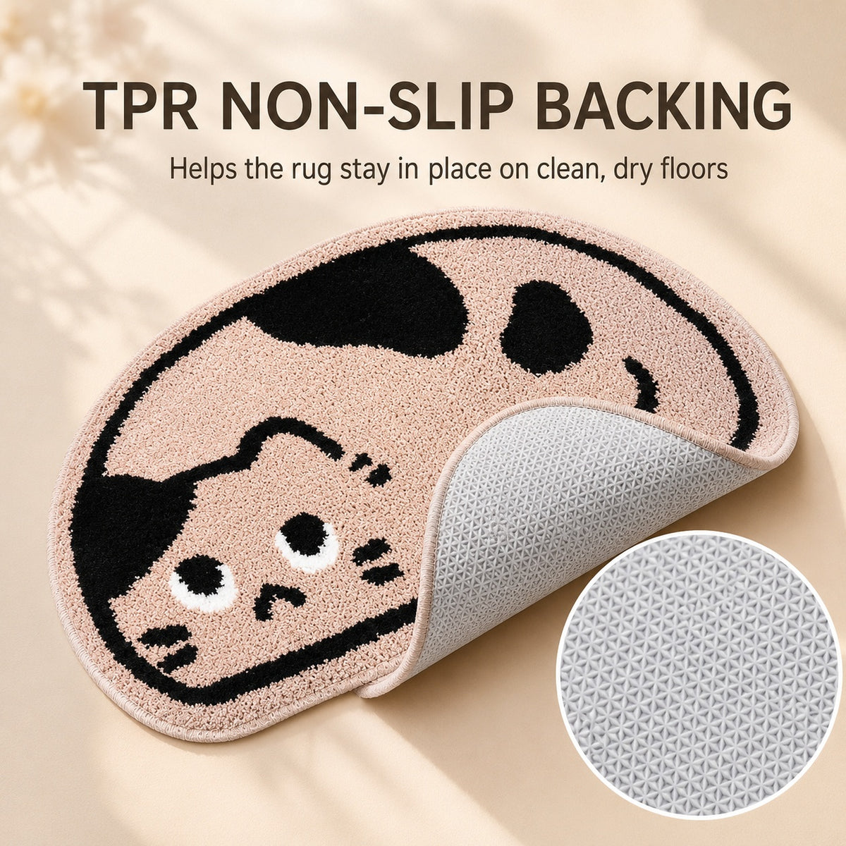 Cute Beige Cat Area Rug, 23.6 × 15.7 Inch Green Tufted Animal Floor Mat with TPR Non-Slip Backing, Soft Decorative Accent Rug for Bathroom, Bedroom, Entryway, Bedside and Vanity