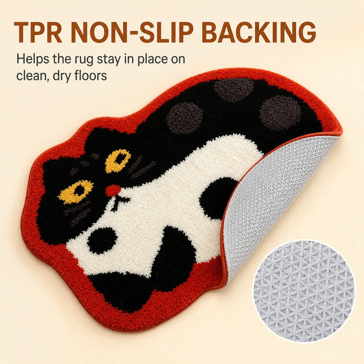 Cute Cat Black Rug, 23.6 × 15.7 Inch Green Tufted Animal Floor Mat with TPR Non-Slip Backing, Soft Decorative Accent Rug for Bathroom, Bedroom, Entryway, Bedside and Vanity