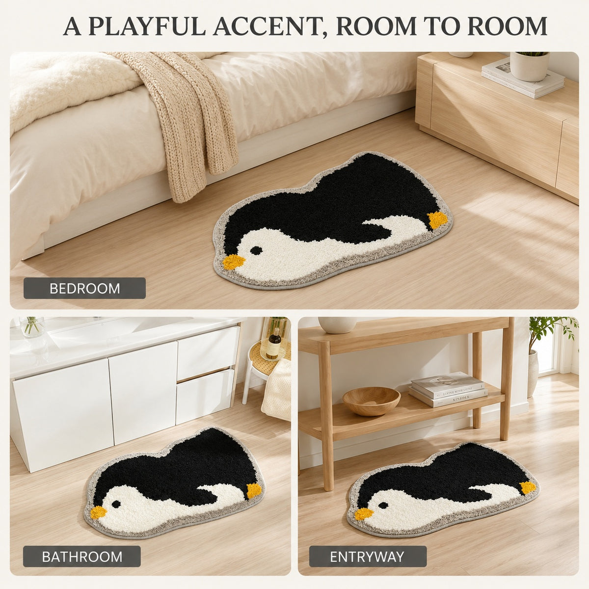 Cute Penguin Area Rug, 23.6 × 15.7 Inch Green Tufted Animal Floor Mat with TPR Non-Slip Backing, Soft Decorative Accent Rug for Bathroom, Bedroom, Entryway, Bedside and Vanity