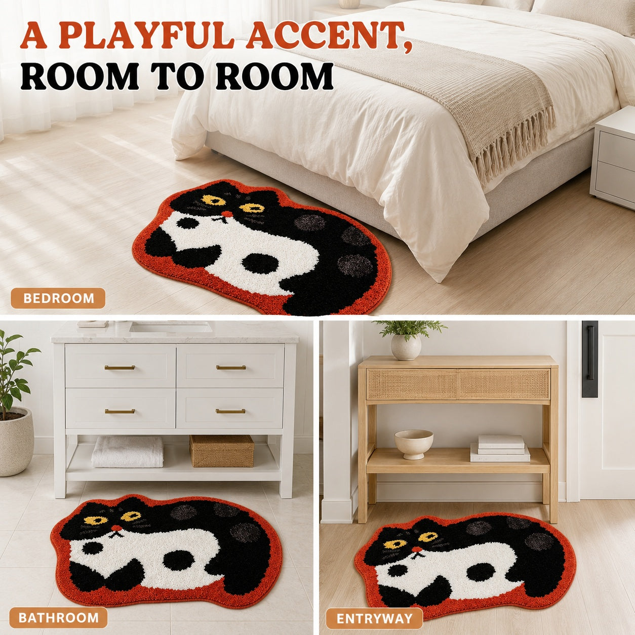 Cute Cat Black Rug, 23.6 × 15.7 Inch Green Tufted Animal Floor Mat with TPR Non-Slip Backing, Soft Decorative Accent Rug for Bathroom, Bedroom, Entryway, Bedside and Vanity