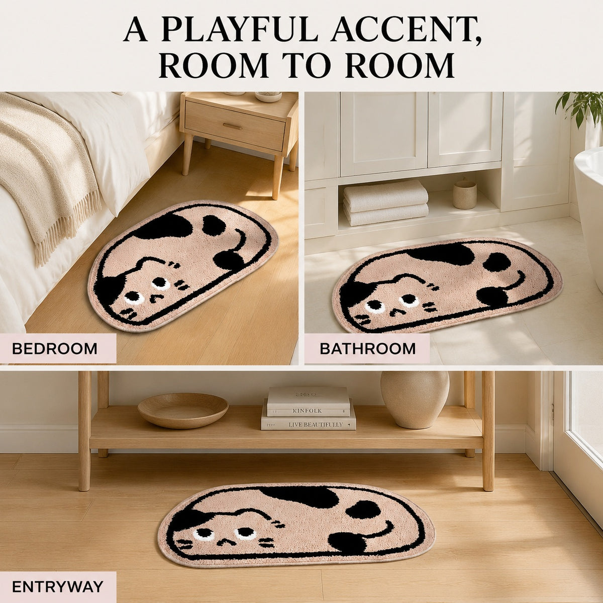 Cute Beige Cat Area Rug, 23.6 × 15.7 Inch Green Tufted Animal Floor Mat with TPR Non-Slip Backing, Soft Decorative Accent Rug for Bathroom, Bedroom, Entryway, Bedside and Vanity