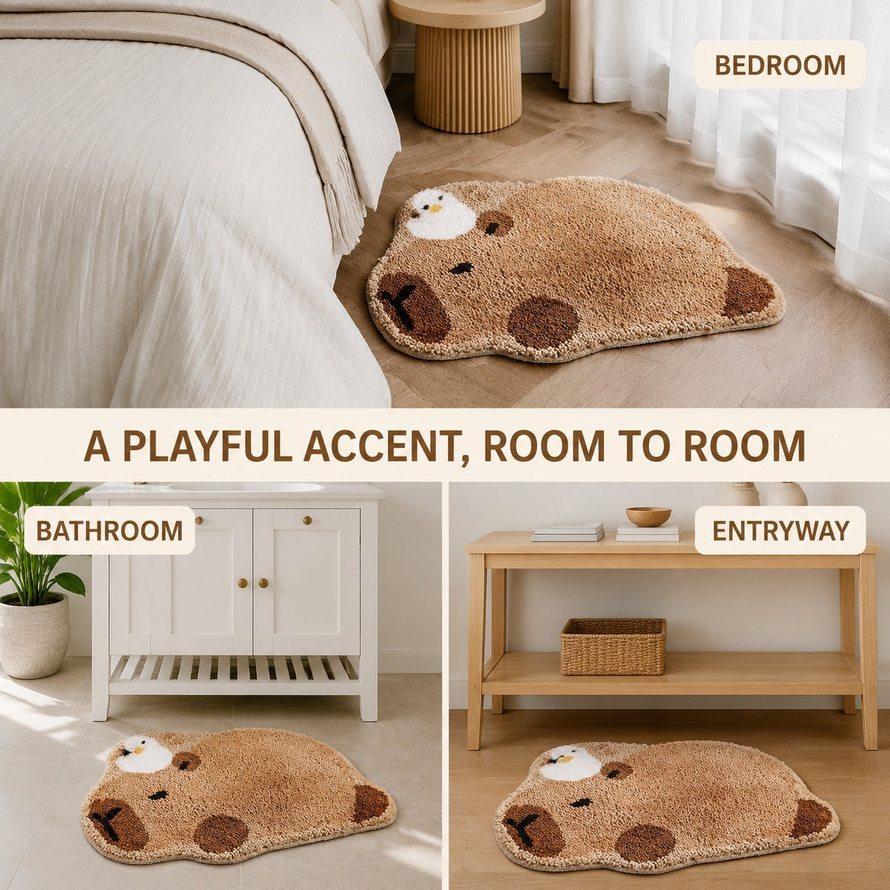 Cute Capybara Area Rug, 23.6 × 15.7 Inch Green Tufted Animal Floor Mat with TPR Non-Slip Backing, Soft Decorative Accent Rug for Bathroom, Bedroom, Entryway, Bedside and Vanity