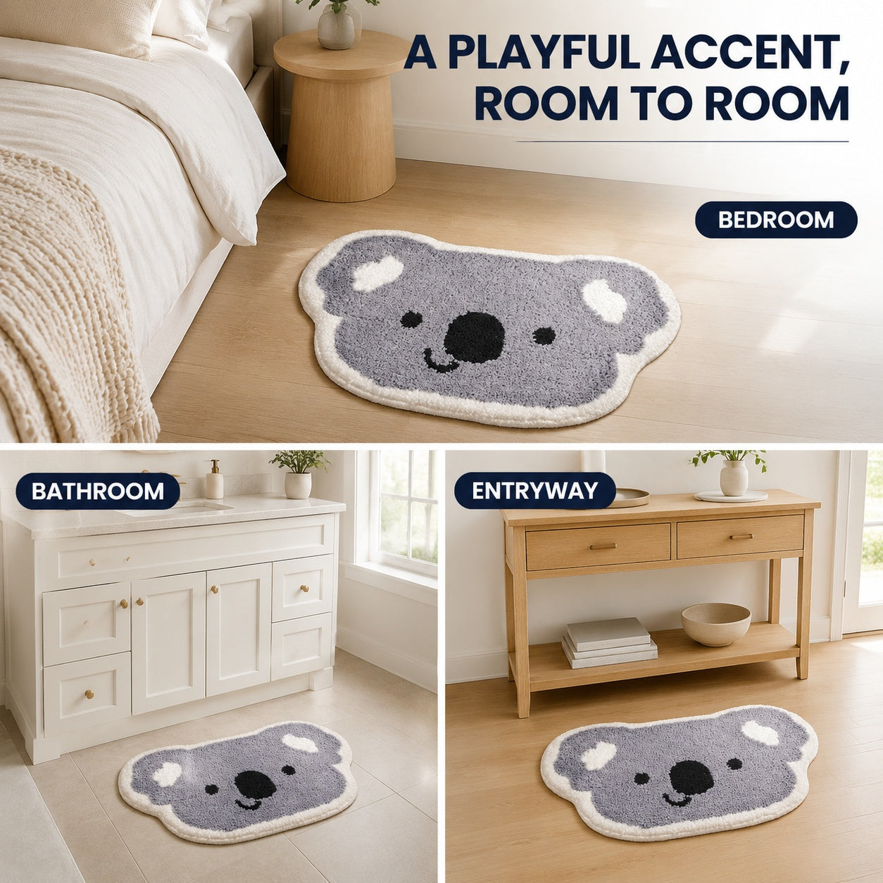 Cute Koala Face Area Rug, 23.6 × 15.7 Inch Green Tufted Animal Floor Mat with TPR Non-Slip Backing, Soft Decorative Accent Rug for Bathroom, Bedroom, Entryway, Bedside and Vanity