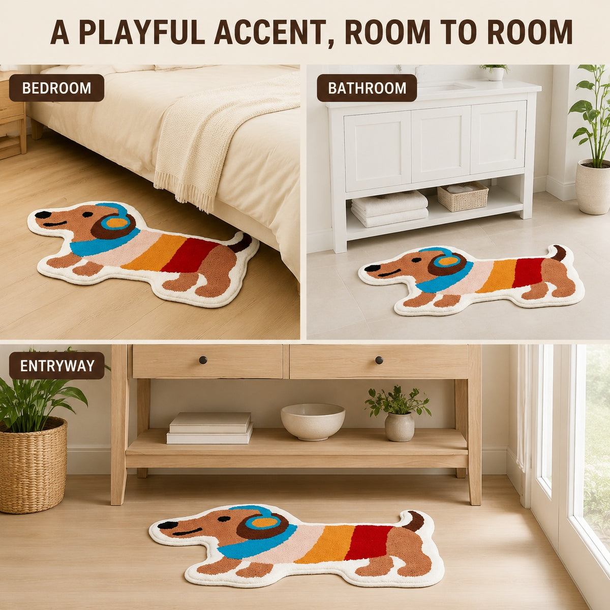 Cute Dachshund Dog Area Rug, 23.6 × 15.7 Inch Green Tufted Animal Floor Mat with TPR Non-Slip Backing, Soft Decorative Accent Rug for Bathroom, Bedroom, Entryway, Bedside and Vanity