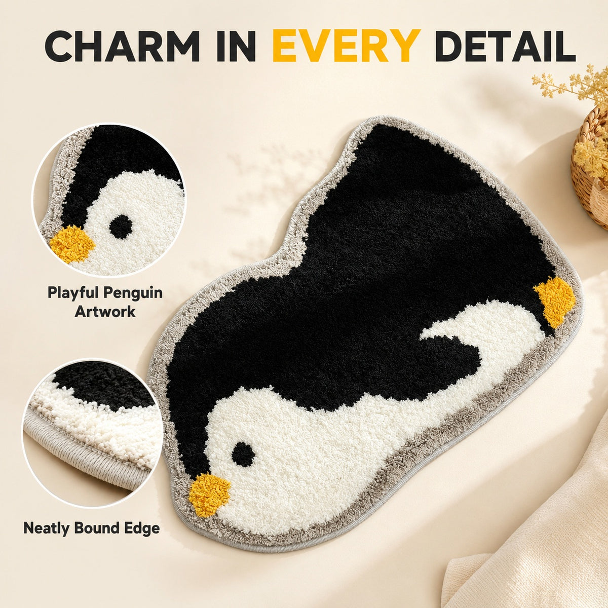 Cute Penguin Area Rug, 23.6 × 15.7 Inch Green Tufted Animal Floor Mat with TPR Non-Slip Backing, Soft Decorative Accent Rug for Bathroom, Bedroom, Entryway, Bedside and Vanity