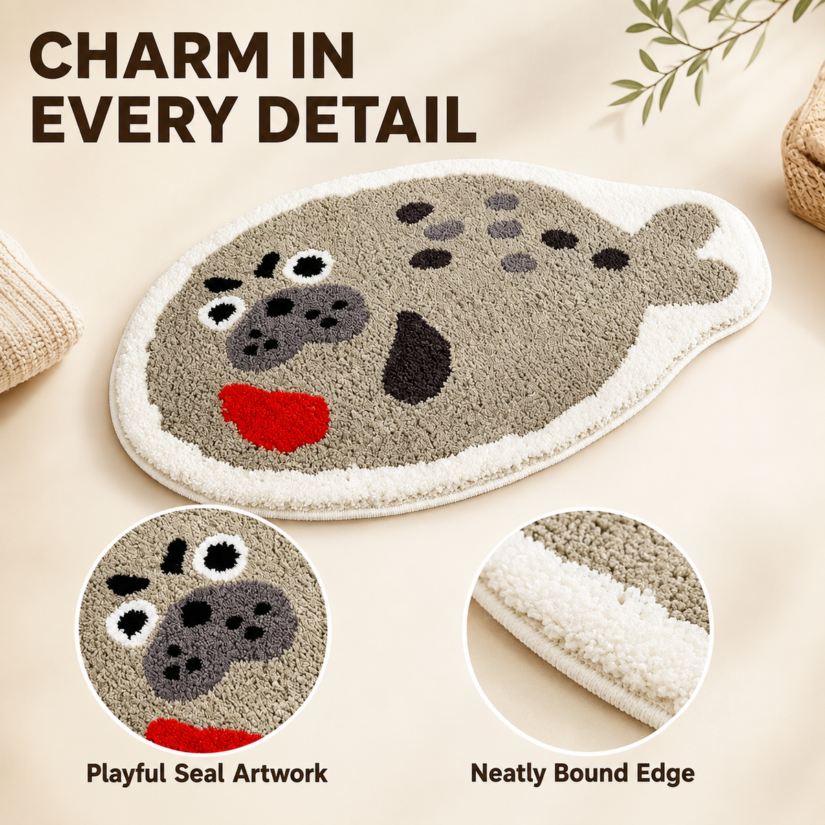 Cute Seal Area Rug, 23.6 × 15.7 Inch Green Tufted Animal Floor Mat with TPR Non-Slip Backing, Soft Decorative Accent Rug for Bathroom, Bedroom, Entryway, Bedside and Vanity