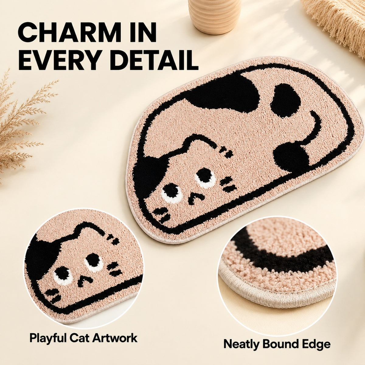 Cute Beige Cat Area Rug, 23.6 × 15.7 Inch Green Tufted Animal Floor Mat with TPR Non-Slip Backing, Soft Decorative Accent Rug for Bathroom, Bedroom, Entryway, Bedside and Vanity