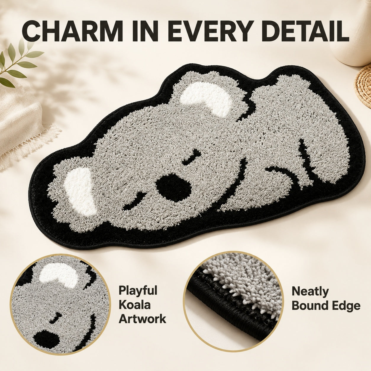 Cute Koala Area Rug, 23.6 × 15.7 Inch Green Tufted Animal Floor Mat with TPR Non-Slip Backing, Soft Decorative Accent Rug for Bathroom, Bedroom, Entryway, Bedside and Vanity