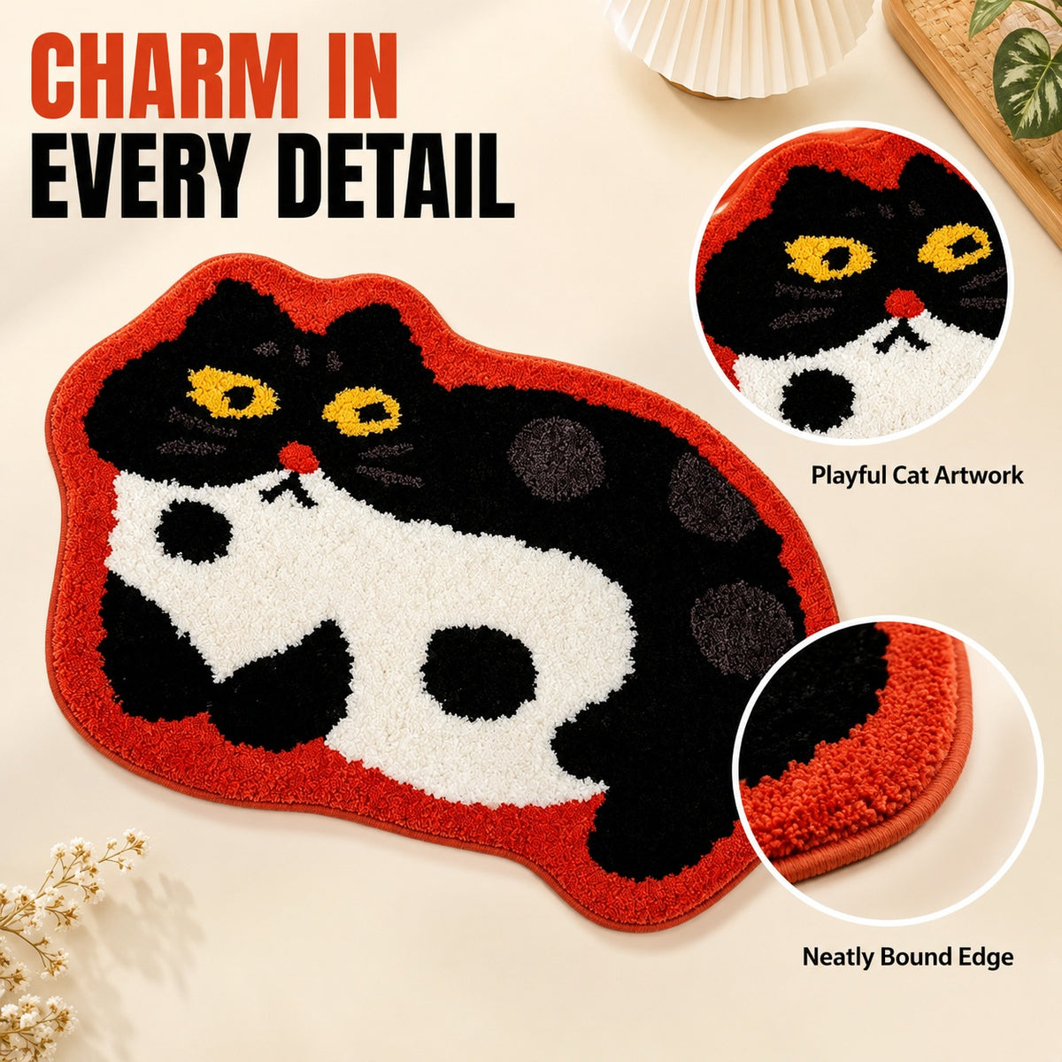 Cute Cat Black Rug, 23.6 × 15.7 Inch Green Tufted Animal Floor Mat with TPR Non-Slip Backing, Soft Decorative Accent Rug for Bathroom, Bedroom, Entryway, Bedside and Vanity