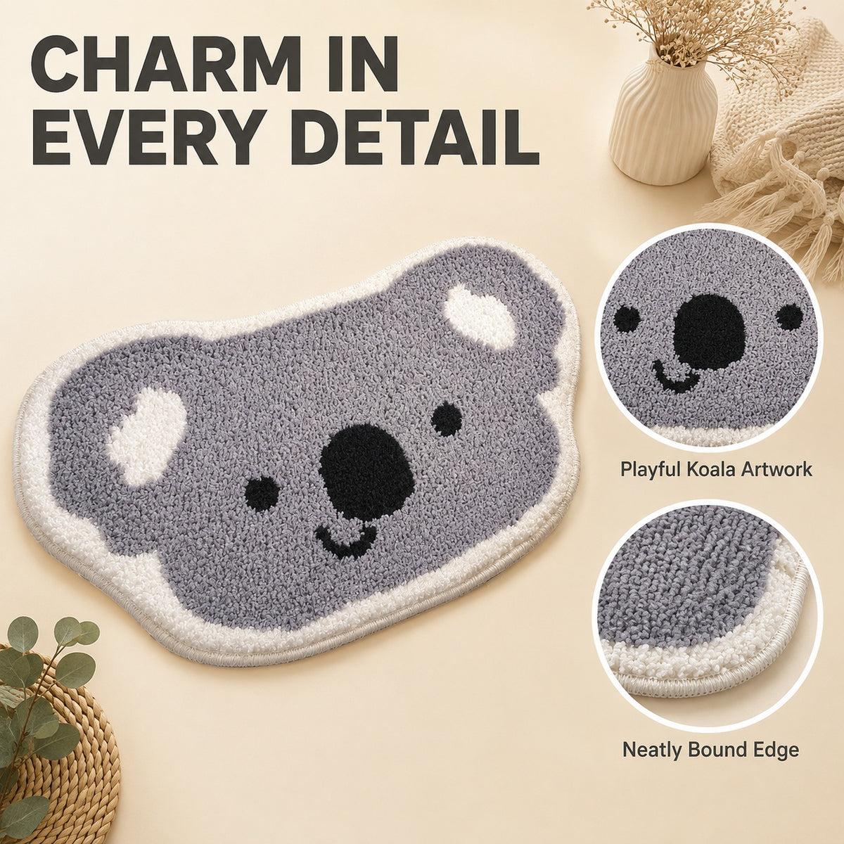 Cute Koala Face Area Rug, 23.6 × 15.7 Inch Green Tufted Animal Floor Mat with TPR Non-Slip Backing, Soft Decorative Accent Rug for Bathroom, Bedroom, Entryway, Bedside and Vanity