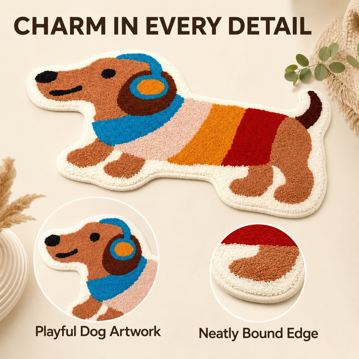 Cute Dachshund Dog Area Rug, 23.6 × 15.7 Inch Green Tufted Animal Floor Mat with TPR Non-Slip Backing, Soft Decorative Accent Rug for Bathroom, Bedroom, Entryway, Bedside and Vanity