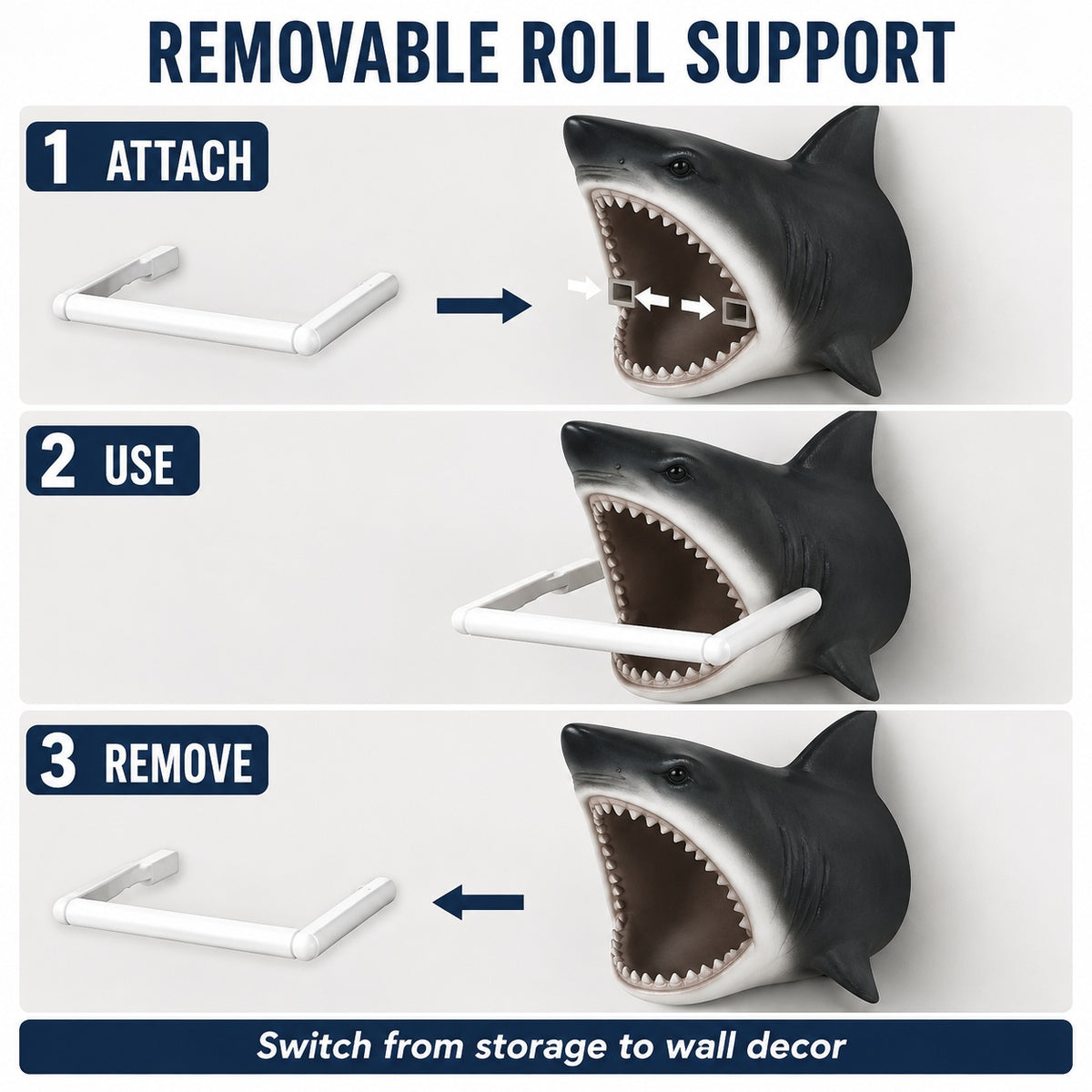 Shark Toilet Paper Holder Wall Mount, 3D-Printed PLA Bathroom Decor, No-Drill Adhesive Tissue Roll Holder, Nautical Coastal Home Accent