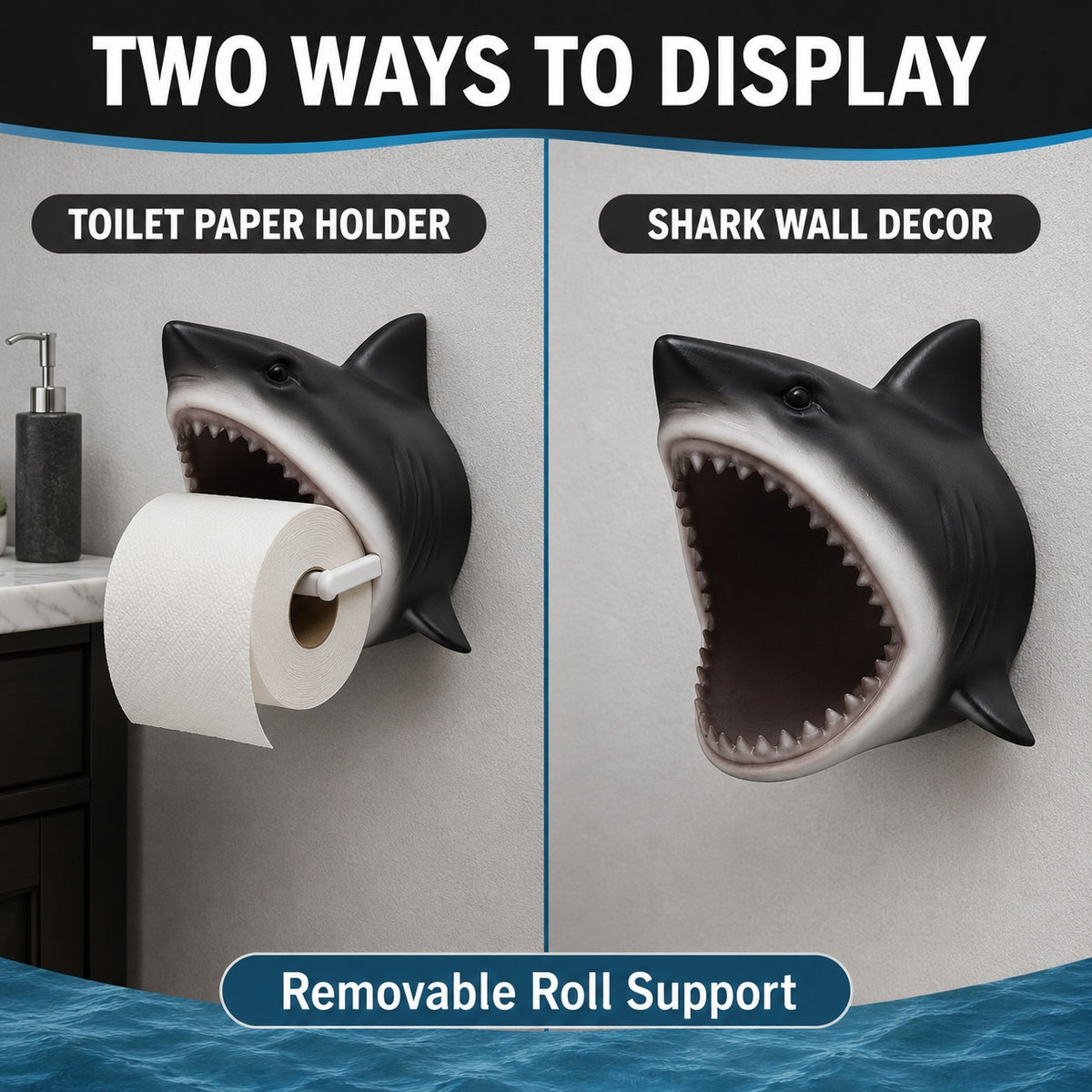 Shark Toilet Paper Holder Wall Mount, 3D-Printed PLA Bathroom Decor, No-Drill Adhesive Tissue Roll Holder, Nautical Coastal Home Accent