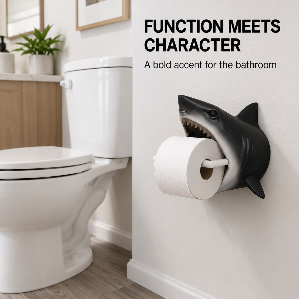 Shark Toilet Paper Holder Wall Mount, 3D-Printed PLA Bathroom Decor, No-Drill Adhesive Tissue Roll Holder, Nautical Coastal Home Accent