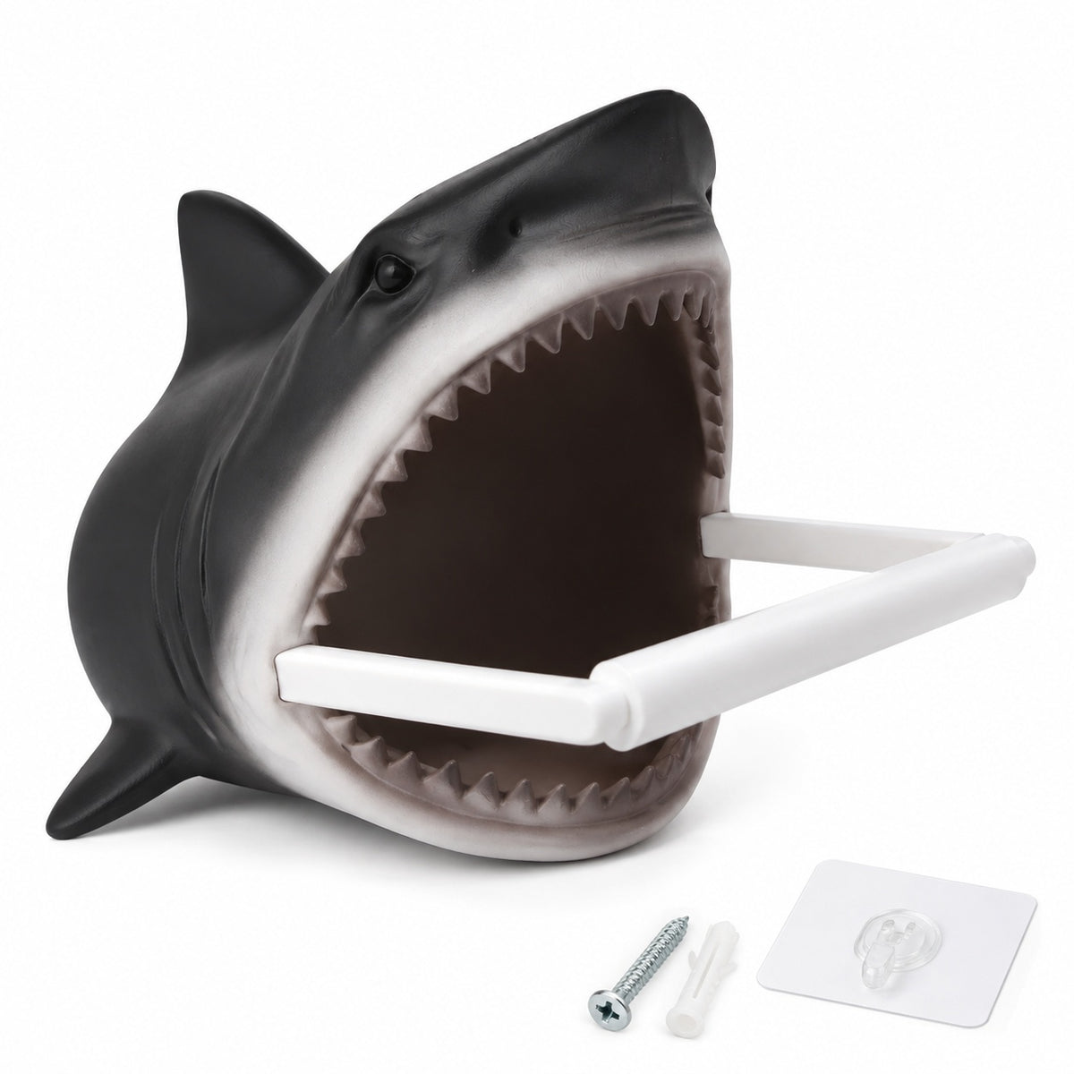Shark Toilet Paper Holder Wall Mount, 3D-Printed PLA Bathroom Decor, No-Drill Adhesive Tissue Roll Holder, Nautical Coastal Home Accent