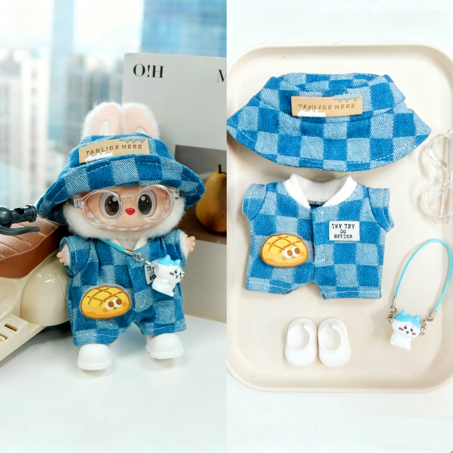 Blue Cowboy Clothes for 15-17cm Labubu Doll, 5 Pcs Doll's Street Wear Outfits