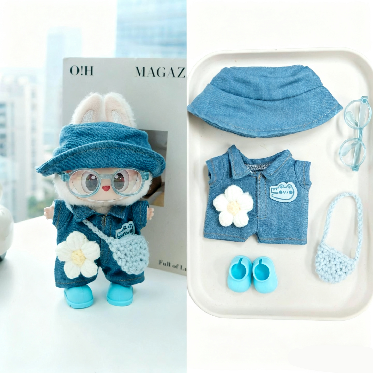 Blue Cowboy Clothes for 15-17cm Labubu Doll, 5 Pcs Doll's Street Wear Outfits