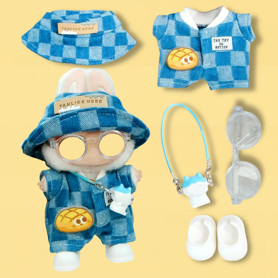 Blue Cowboy Clothes for 15-17cm Labubu Doll, 5 Pcs Doll's Street Wear Outfits