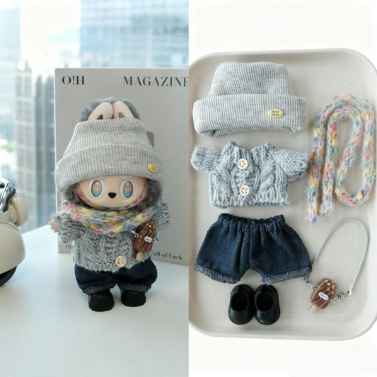 Winter Knit Cap Clothes for 15-17cm Labubu Doll, 6 Pcs Doll's Street Wear Outfits