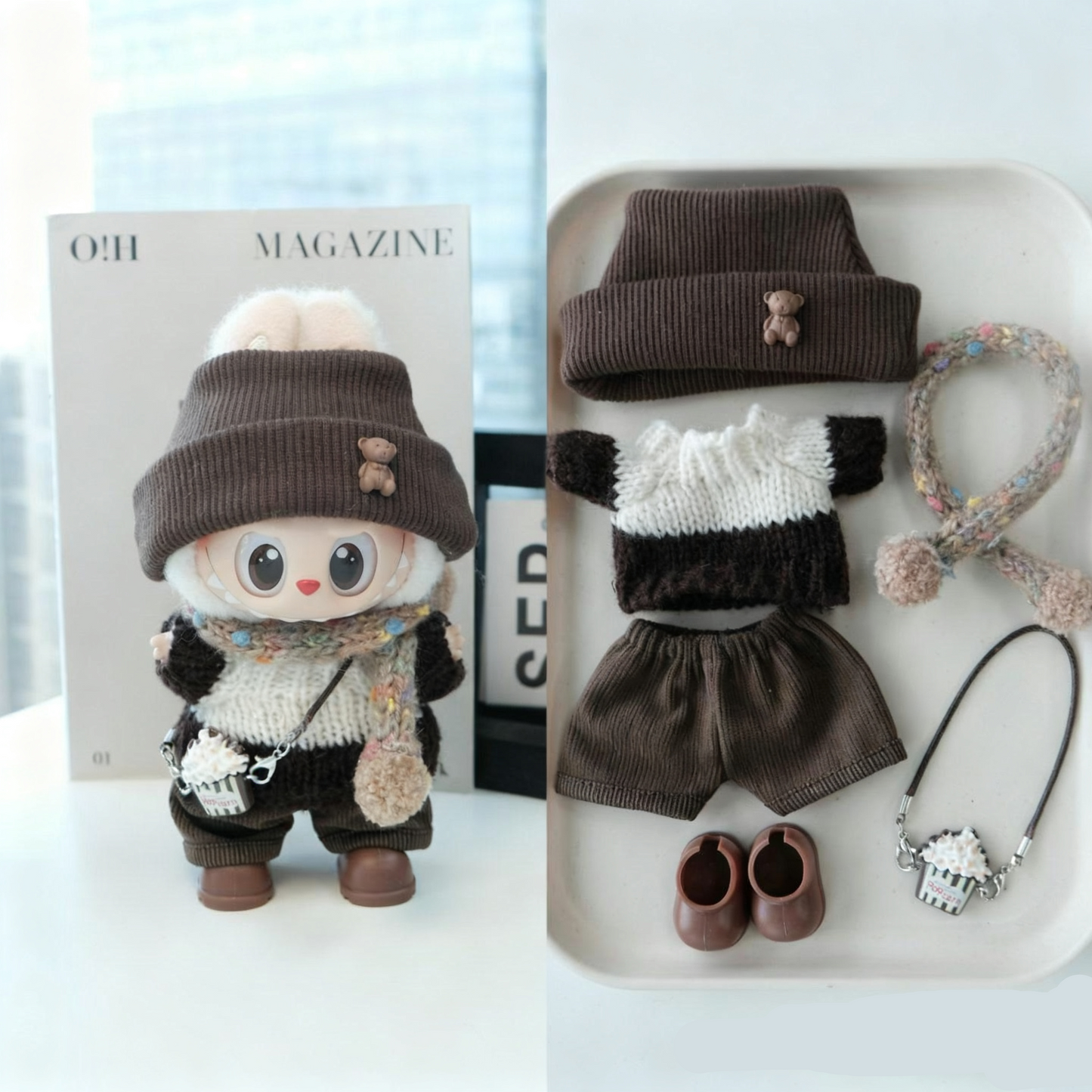Winter Knit Cap Clothes for 15-17cm Labubu Doll, 6 Pcs Doll's Street Wear Outfits