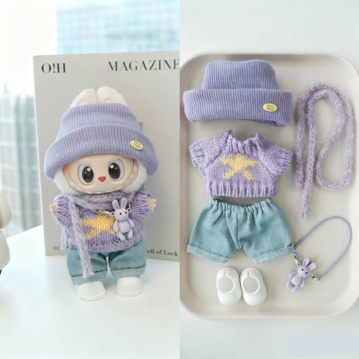 Winter Knit Cap Clothes for 15-17cm Labubu Doll, 6 Pcs Doll's Street Wear Outfits