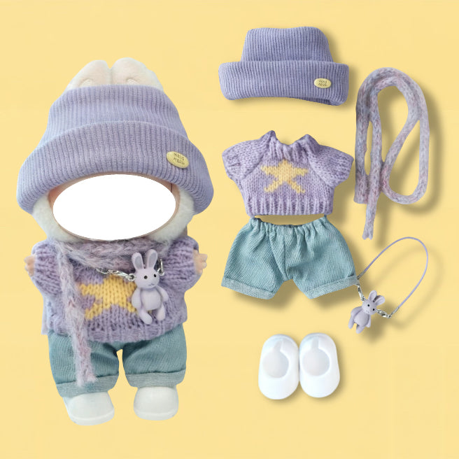Winter Knit Cap Clothes for 15-17cm Labubu Doll, 6 Pcs Doll's Street Wear Outfits