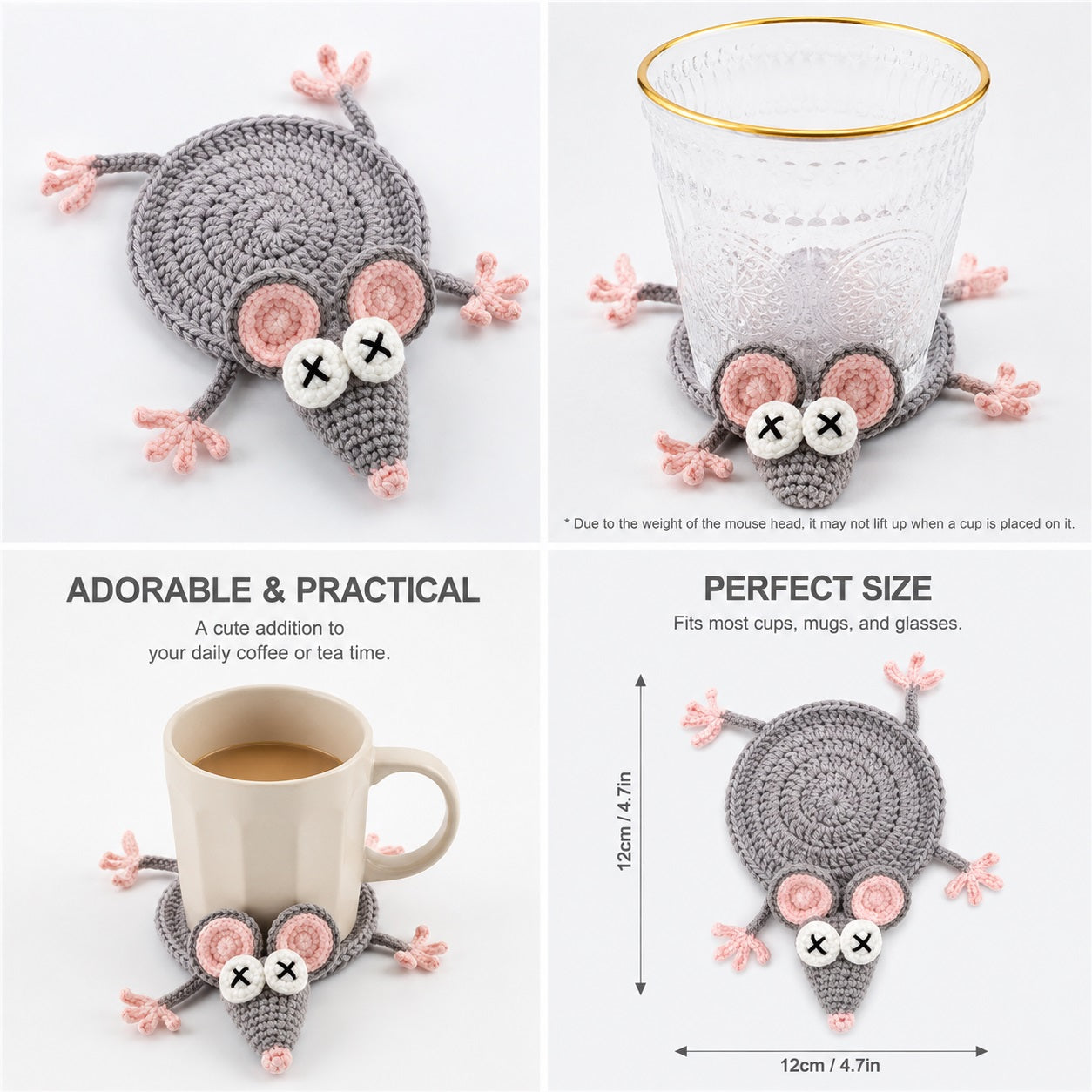 Handmade Crochet Coaster, Funny Animal Drink Coasters for Coffee Cup, Cute Yarn Woven Desk Decor, Unique Home Office Table Accessories Gift