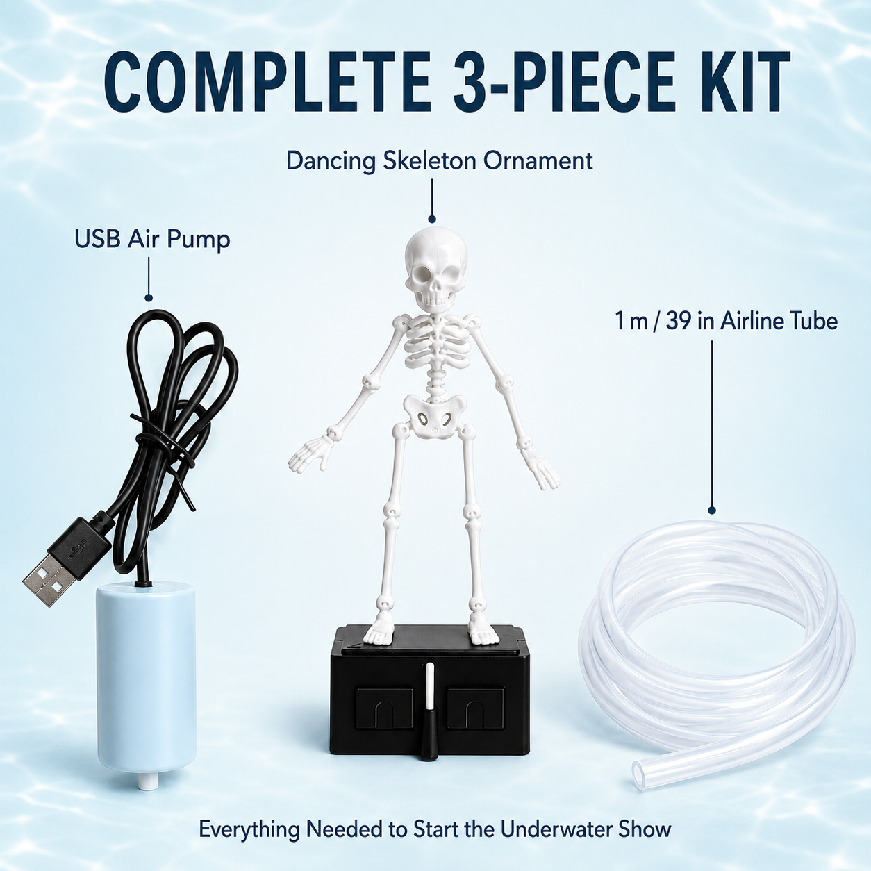 Dancing Skeleton Aquarium Ornament with USB Air Pump, 3D Printed Articulated Fish Tank Bubbler, Air-Powered Moving Skeleton Decor with Airline Tubing, Approx. 5.5 Inch