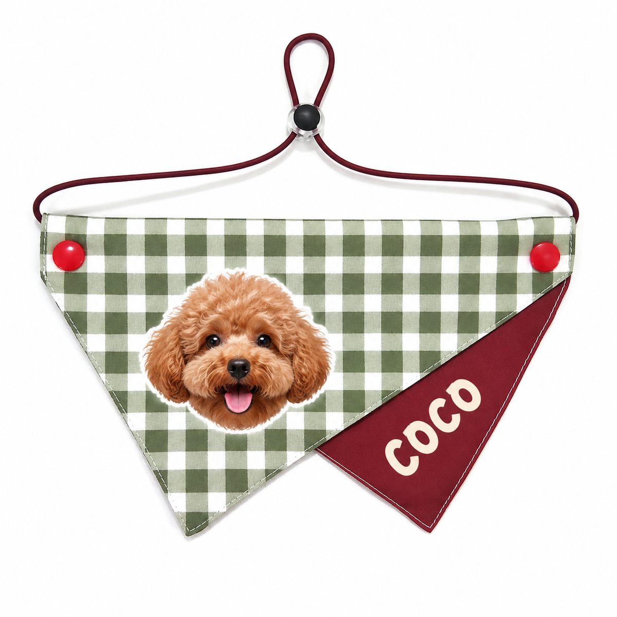 Personalized Pet Bandana with Photo and Name, Custom Dog or Cat Face Neck Scarf with Optional Hidden Phone Number, Adjustable Two-Layer Triangle Bandana