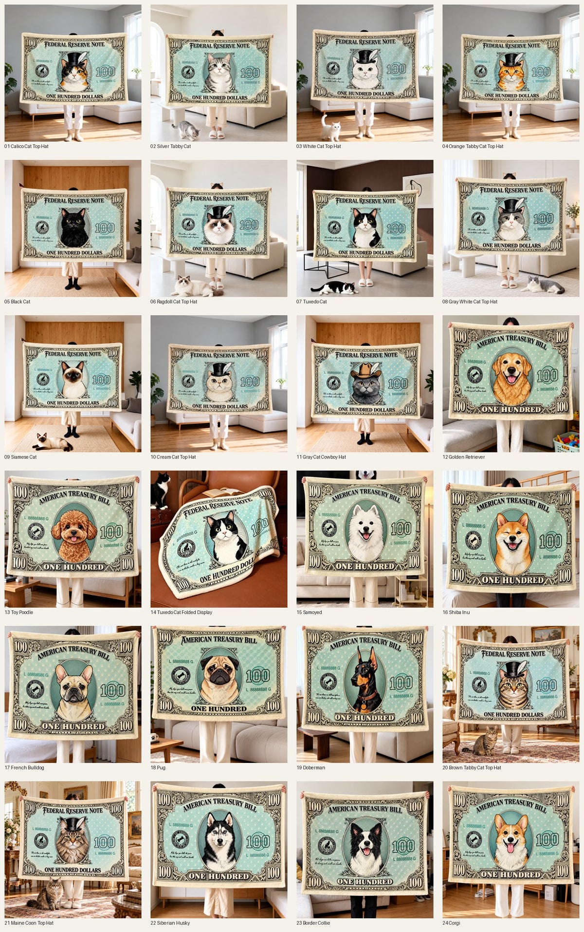 Cat and Dog Money Print Fleece Blanket, Novelty Pet Banknote Throw with 20+ Artwork Choices, Soft Cozy Blanket for Sofa, Bed and Travel