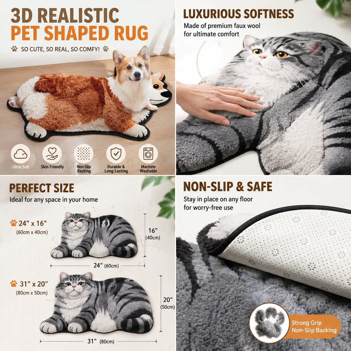 3D Realistic Dog Shaped Bath Mat & Floor Rug - Ultra Soft Absorbent Plush Area Rug, Non-Slip Cute Animal Shaped Door Mat