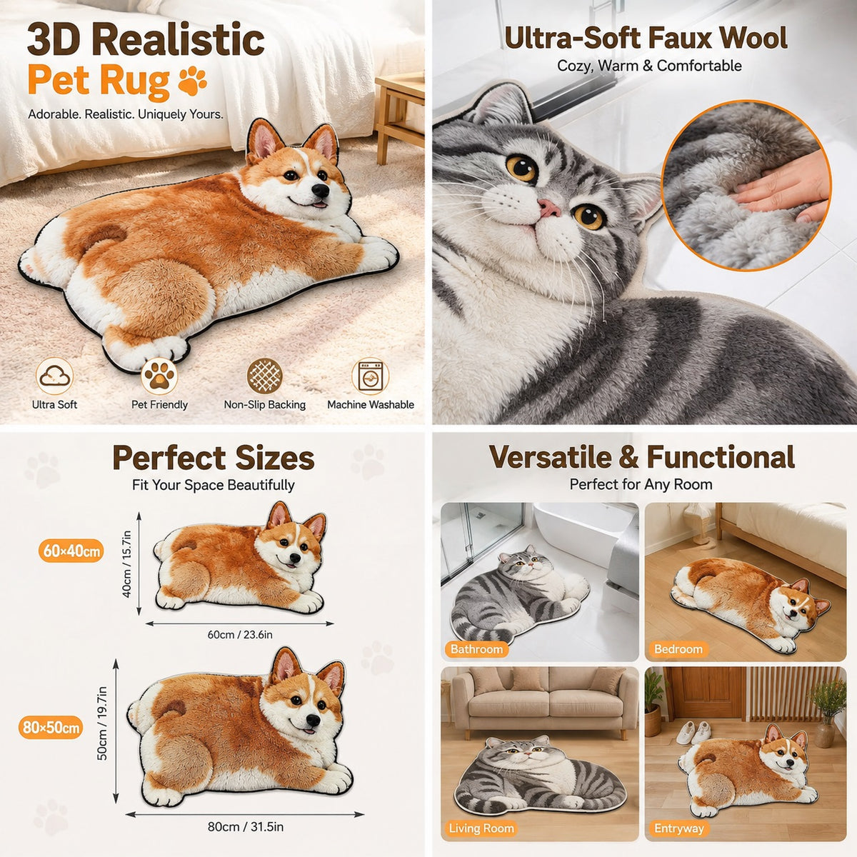 3D Realistic Dog Shaped Bath Mat & Floor Rug - Ultra Soft Absorbent Plush Area Rug, Non-Slip Cute Animal Shaped Door Mat