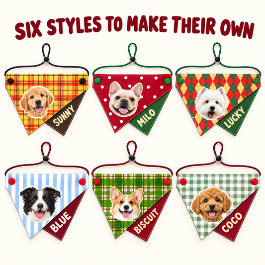 Personalized Pet Bandana with Photo and Name, Custom Dog or Cat Face Neck Scarf with Optional Hidden Phone Number, Adjustable Two-Layer Triangle Bandana