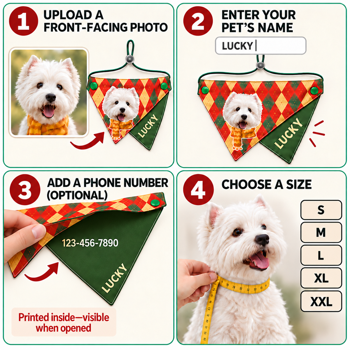 Personalized Pet Bandana with Photo and Name, Custom Dog or Cat Face Neck Scarf with Optional Hidden Phone Number, Adjustable Two-Layer Triangle Bandana