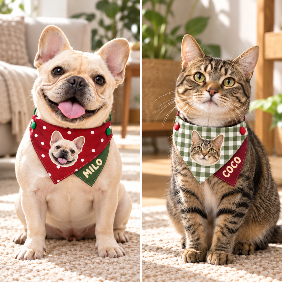 Personalized Pet Bandana with Photo and Name, Custom Dog or Cat Face Neck Scarf with Optional Hidden Phone Number, Adjustable Two-Layer Triangle Bandana