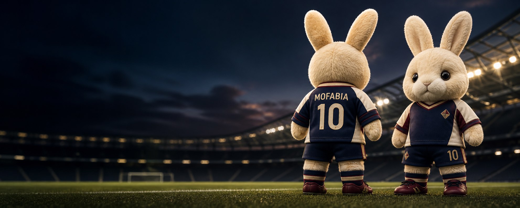 Two collectible plush dolls modeling a personalized MOFABIA mini soccer jersey with name and number 10